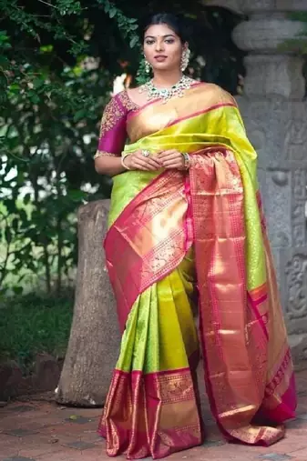 Traditional green pink silk blend saree