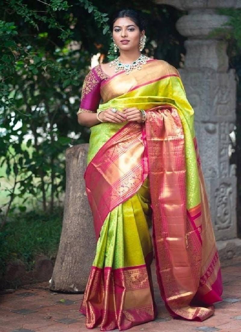Traditional green pink silk blend saree