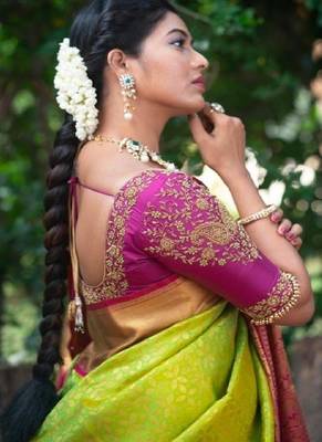 Traditional green pink silk blend saree 2