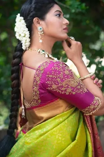 Traditional green pink silk blend saree