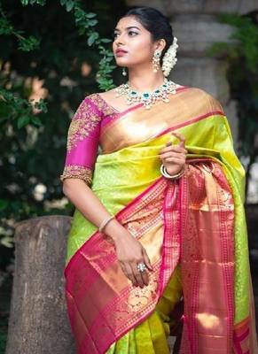 Traditional green pink silk blend saree 3