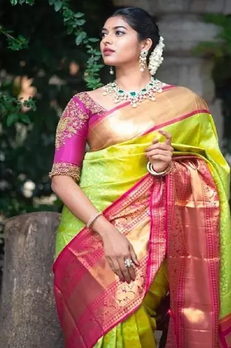 Traditional green pink silk blend saree