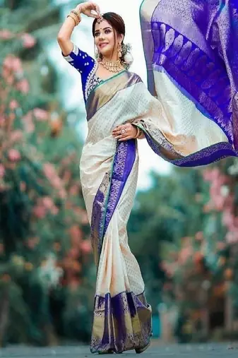 Cream purple designer silk blend saree