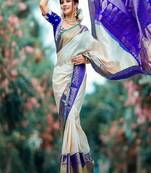 Cream purple designer silk blend saree