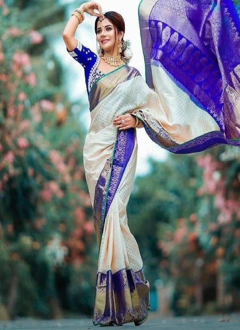Cream purple designer silk blend saree
