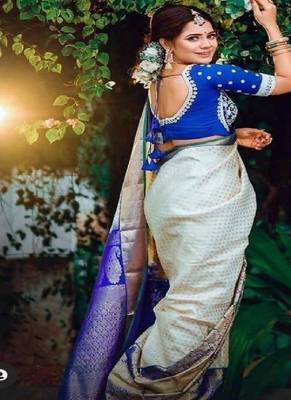 Cream purple designer silk blend saree 2