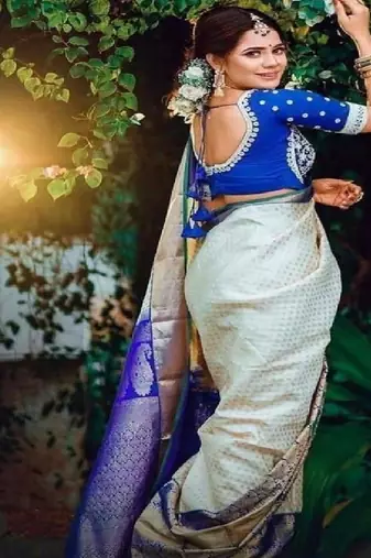 Cream purple designer silk blend saree