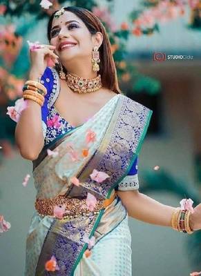 Cream purple designer silk blend saree 3