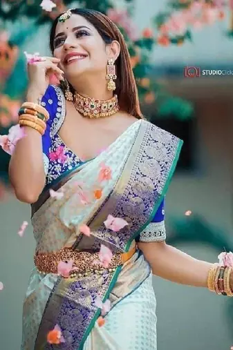 Cream purple designer silk blend saree