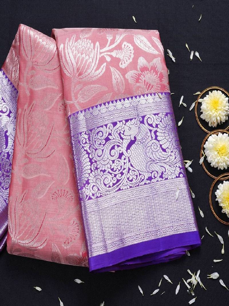 Pink woven silk blend banarasi saree