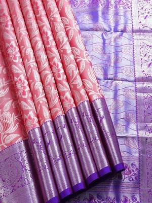 Pink woven silk blend banarasi saree 3