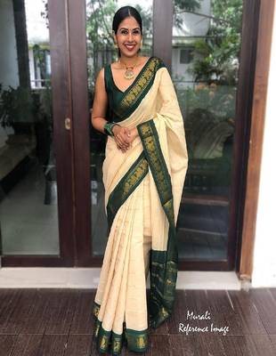 Traditional cream green border silk blend saree 1