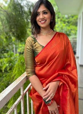 Vibrant orange traditional silk blend saree 2