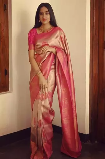 Elegant peach pink silk blend saree