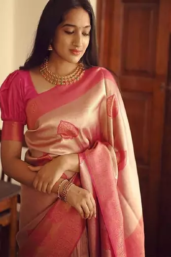Elegant peach pink silk blend saree