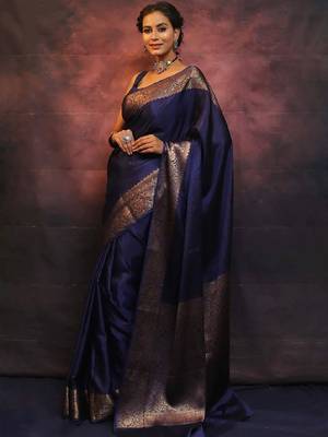 Royal navy blue banarasi silk blend saree 1