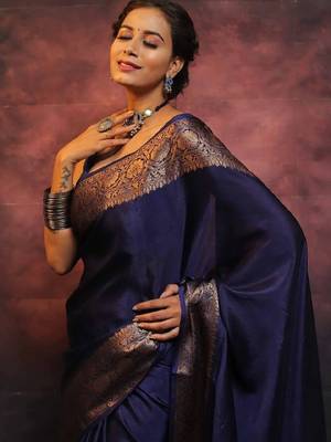 Royal navy blue banarasi silk blend saree 2