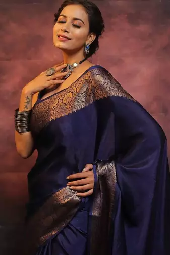 Royal navy blue banarasi silk blend saree