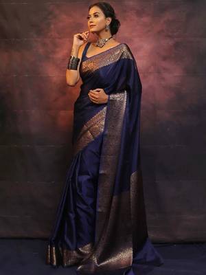 Royal navy blue banarasi silk blend saree 3