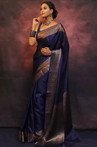 Royal navy blue banarasi silk blend saree