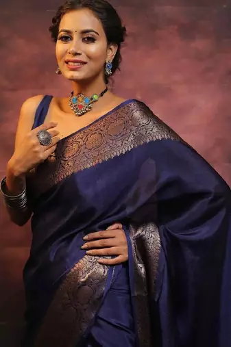 Royal navy blue banarasi silk blend saree