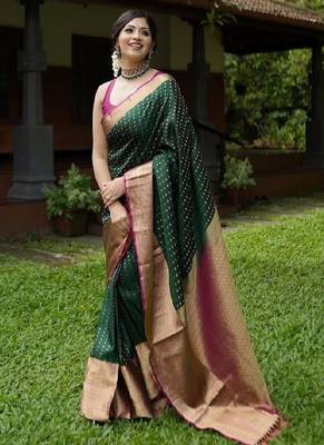 Elegant dark green traditional silk blend saree 1