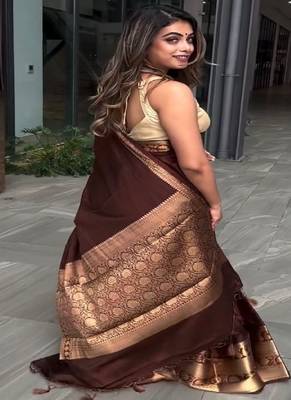 brown silk blend contrast border traditional saree 3