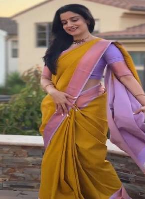 mustard yellow silk blend contrast border saree 2
