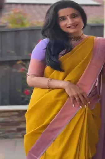 mustard yellow silk blend contrast border saree