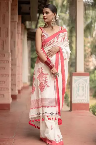 White red traditional silk blend saree