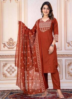 Beautiful jaipuri a women's rust orange cotton printed kurti set with a dupatta 1