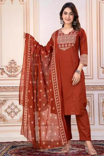 Beautiful jaipuri a women's rust orange cotton printed kurti set with a dupatta
