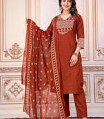 Beautiful jaipuri a women's rust orange cotton printed kurti set with a dupatta