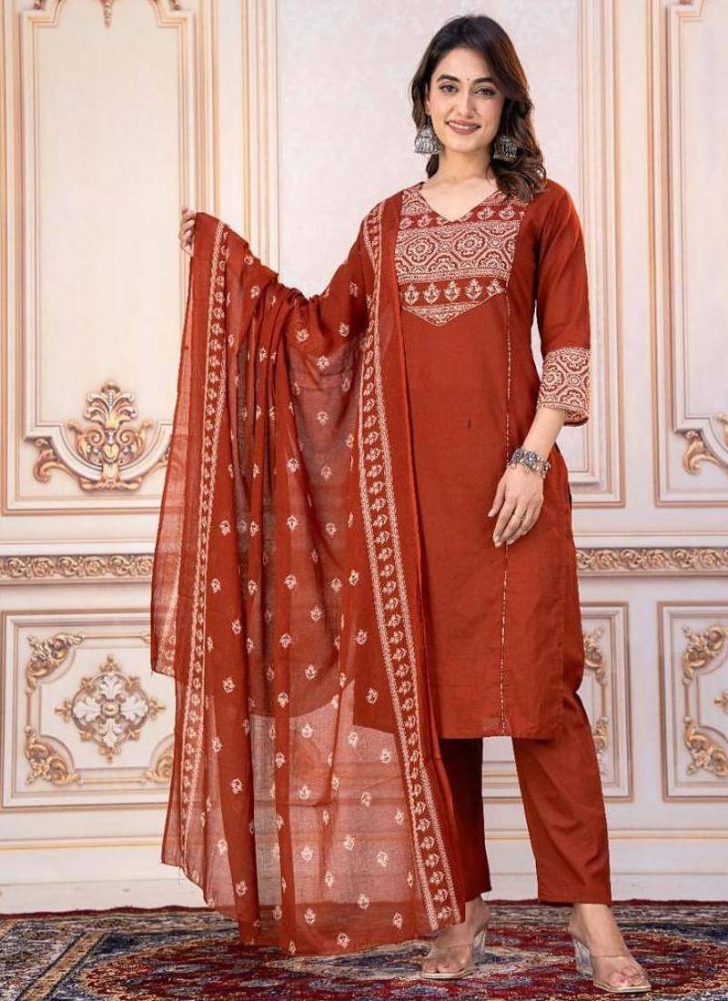 Beautiful jaipuri a women's rust orange cotton printed kurti set with a dupatta
