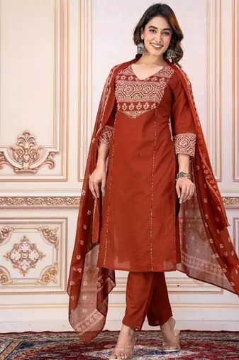Beautiful jaipuri a women's rust orange cotton printed kurti set with a dupatta