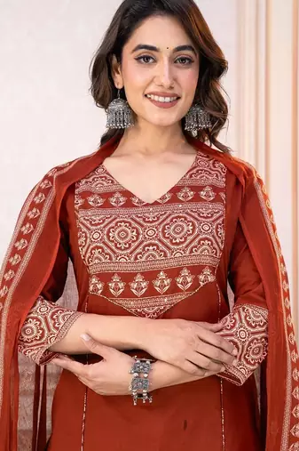 Beautiful jaipuri a women's rust orange cotton printed kurti set with a dupatta