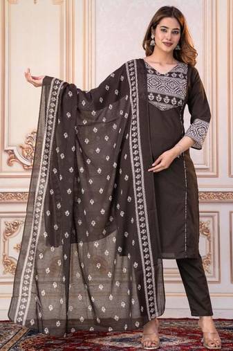 Beautiful jaipuri a women's choclate brown cotton printed kurti set with a dupatta