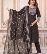 Beautiful jaipuri a women's choclate brown cotton printed kurti set with a dupatta