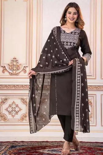 Beautiful jaipuri a women's choclate brown cotton printed kurti set with a dupatta