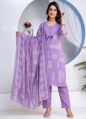Beautiful jaipuri a women's lavender cotton printed kurti set with a dupatta 1
