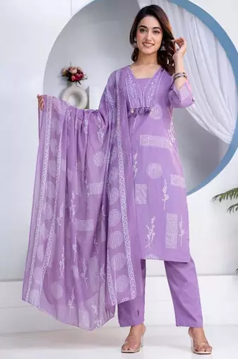 Beautiful jaipuri a women's lavender cotton printed kurti set with a dupatta