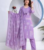 Beautiful jaipuri a women's lavender cotton printed kurti set with a dupatta
