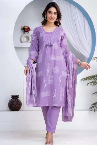 Beautiful jaipuri a women's lavender cotton printed kurti set with a dupatta
