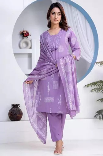 Beautiful jaipuri a women's lavender cotton printed kurti set with a dupatta