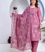 Beautiful jaipuri a women's rose pink cotton printed kurti set with a dupatta