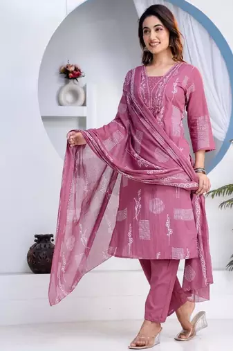 Beautiful jaipuri a women's rose pink cotton printed kurti set with a dupatta