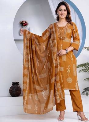 Beautiful jaipuri a women's mustard cotton printed kurti set with a dupatta 1