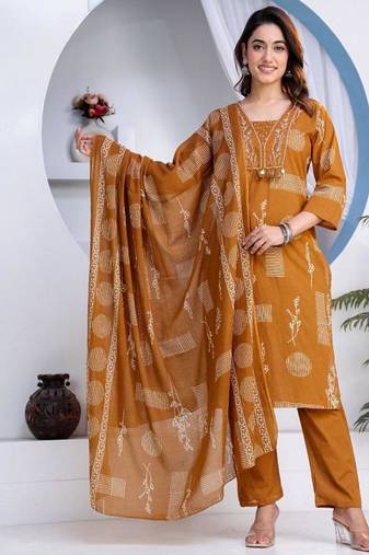 Beautiful jaipuri a women's mustard cotton printed kurti set with a dupatta