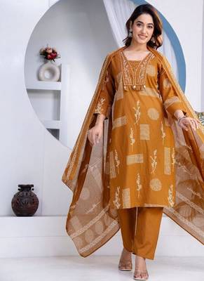 Beautiful jaipuri a women's mustard cotton printed kurti set with a dupatta 2