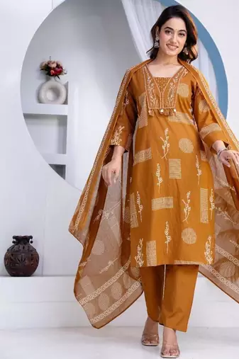 Beautiful jaipuri a women's mustard cotton printed kurti set with a dupatta